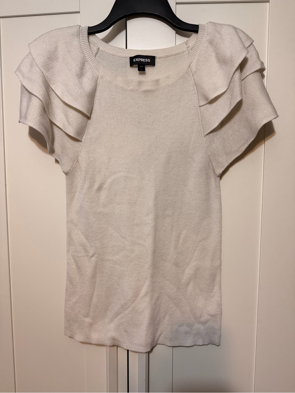 Express Cream Short Sleeve Ruffle Knit Top